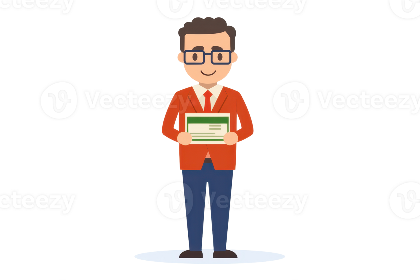 A smiling man in a red blazer holds a document, exuding a friendly and professional demeanor. png