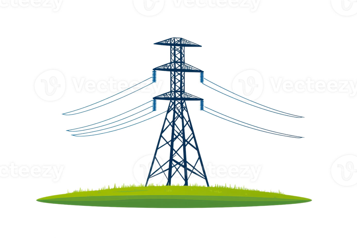 A tall power transmission tower with multiple wires extending from it, set on a grassy base. png