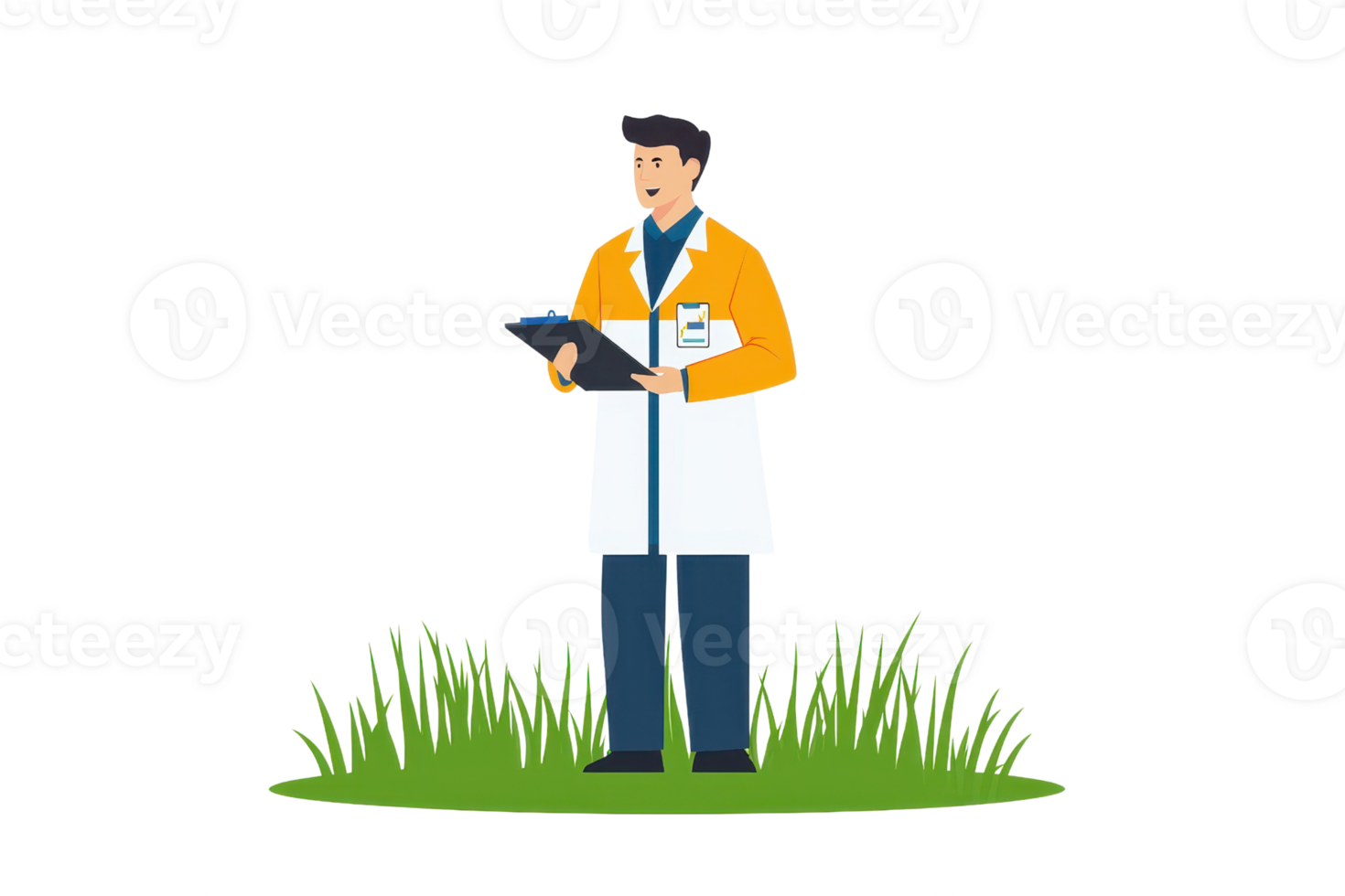 A scientist in a lab coat stands on grass, holding a clipboard and wearing an orange jacket, suggesting research or examination in a natural setting. png