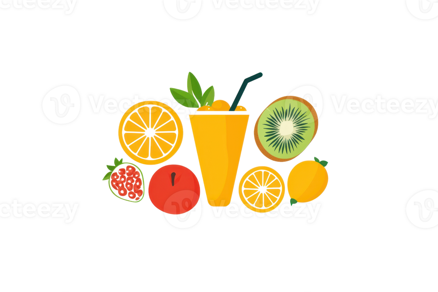A vibrant collection of fruits surrounding a colorful drink, showcasing citrus, berries, and tropical flavors. png