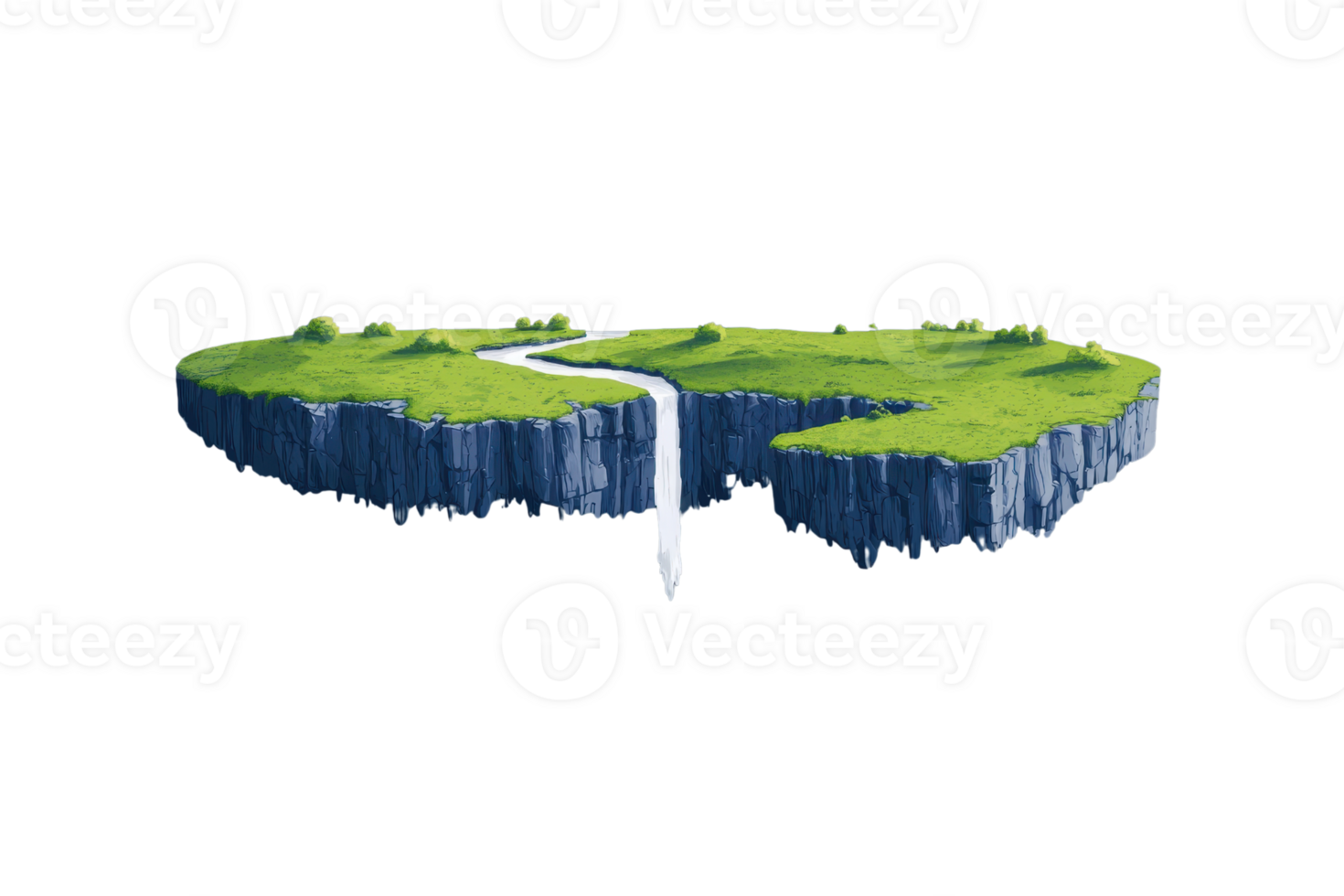 A lush, green floating island features a cascading waterfall, showcasing a serene, natural landscape with a unique geological formation. png