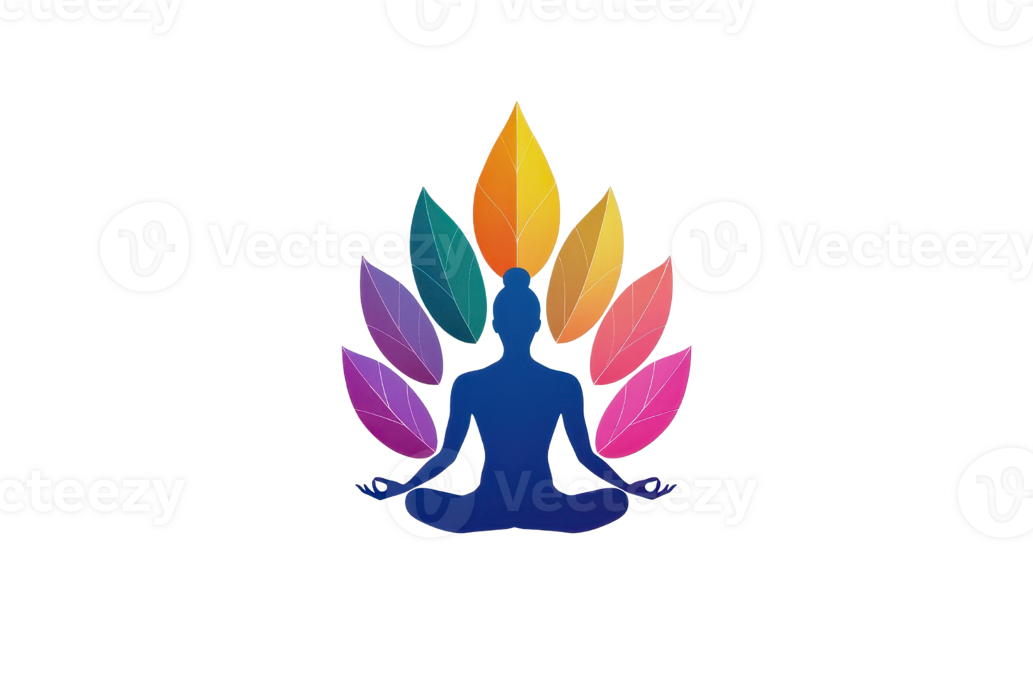 A meditative figure surrounded by vibrant, colorful leaves, symbolizing peace and tranquility in a serene pose. png
