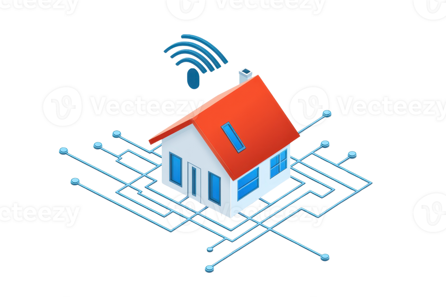 A modern, stylized house with a red roof and blue windows, surrounded by network lines and a wireless signal icon. png