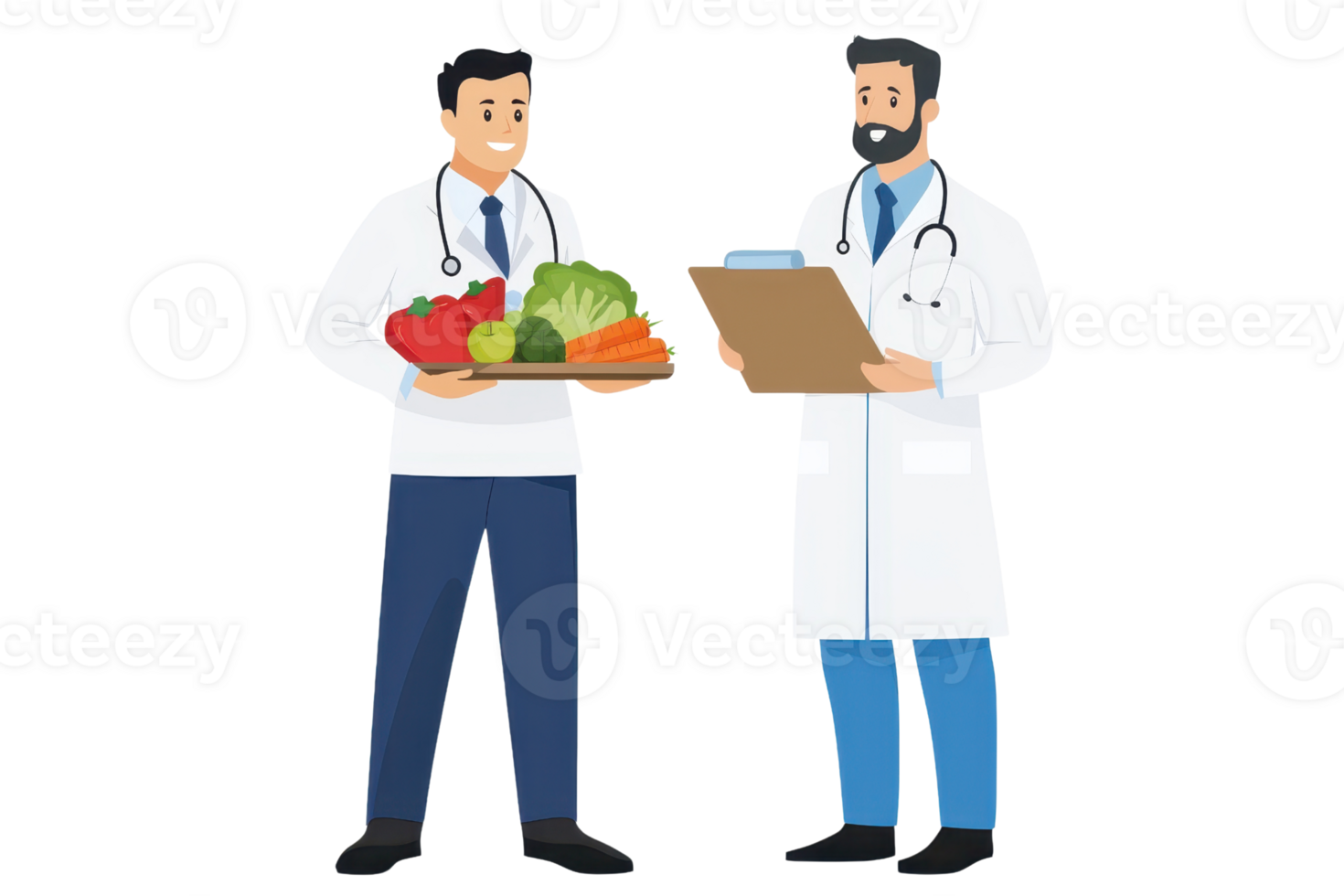 Two doctors discussing health, one holding a tray of fresh vegetables and fruits, while the other has a clipboard. png