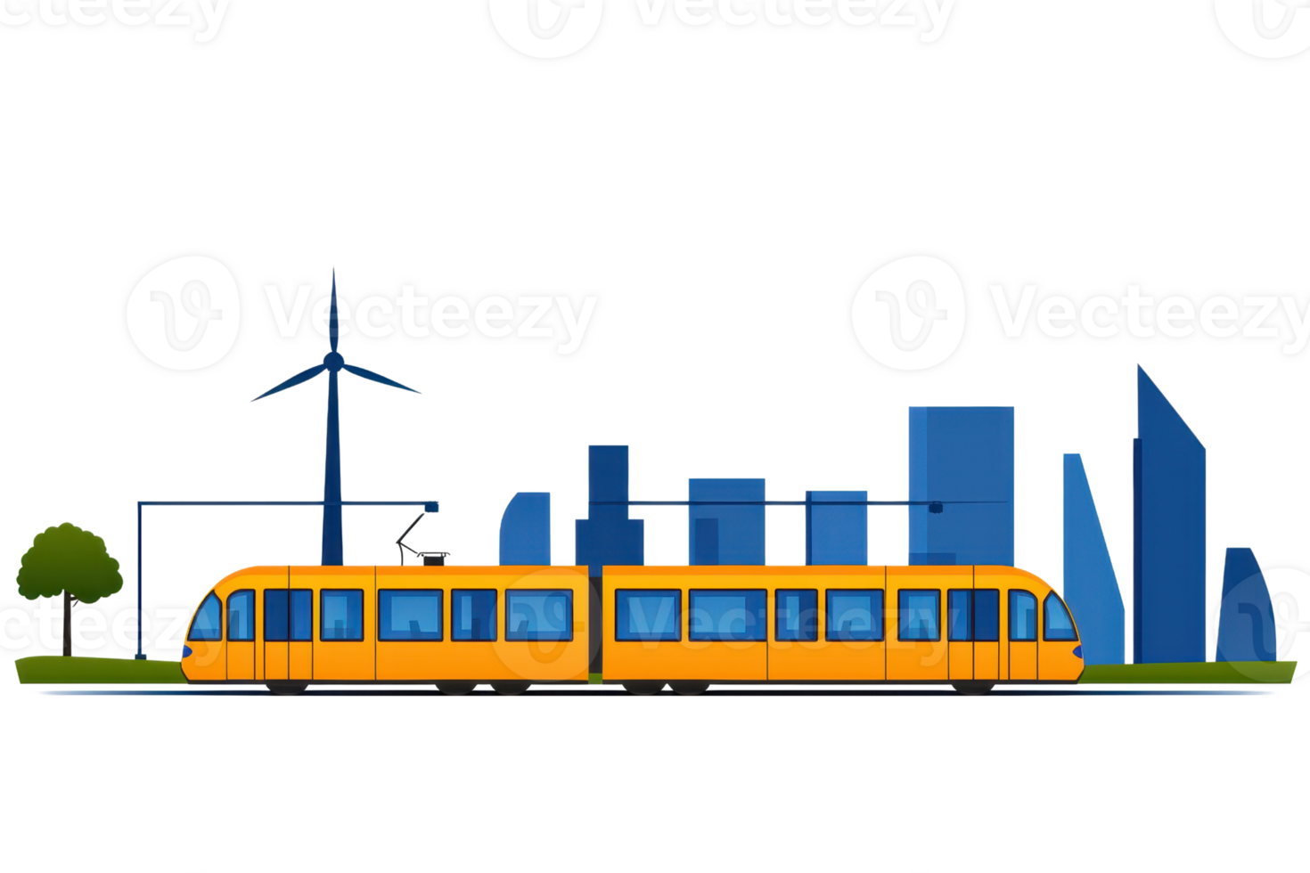 A vibrant yellow tram moves through a stylized urban landscape featuring buildings and greenery. png