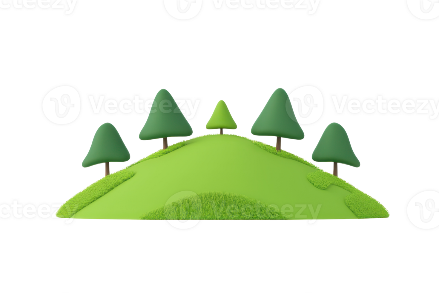 A stylized green hill featuring several geometric trees of varying heights arranged harmoniously on its surface. png