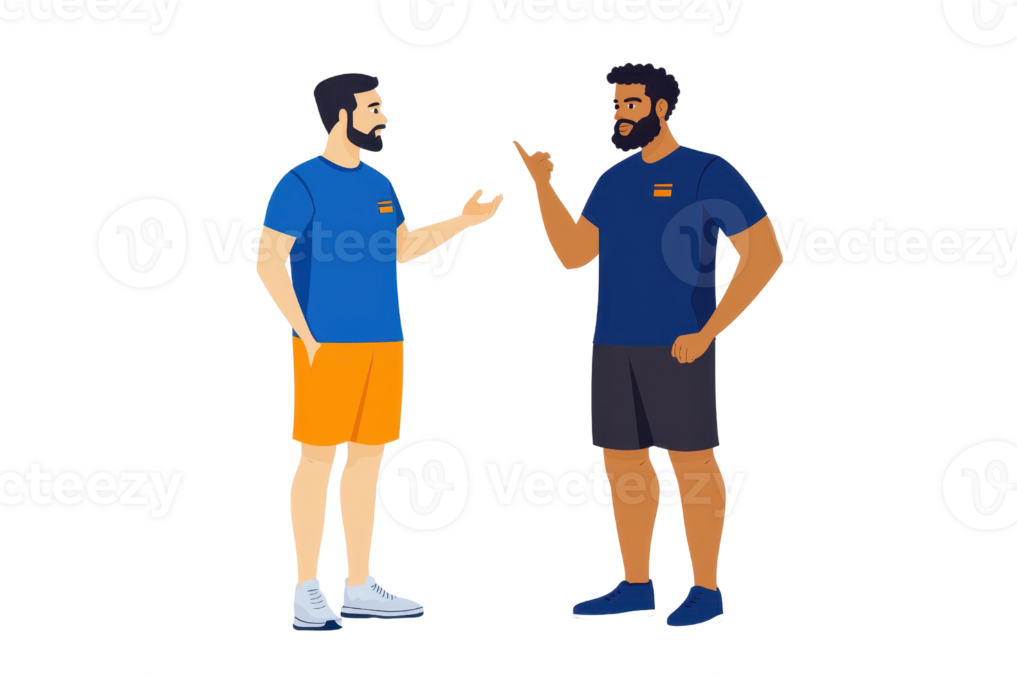 Two men engage in a lively conversation, each wearing athletic outfits, showcasing a friendly and dynamic interaction. png