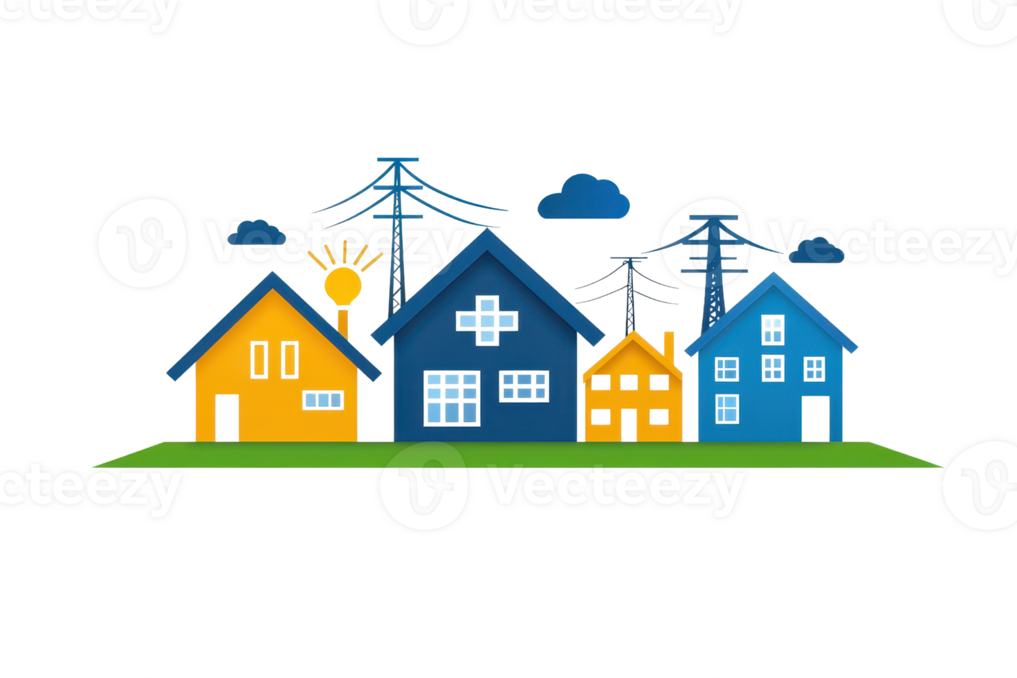 A colorful illustration of houses with various designs, featuring power lines and clouds in a vibrant, stylized representation. png