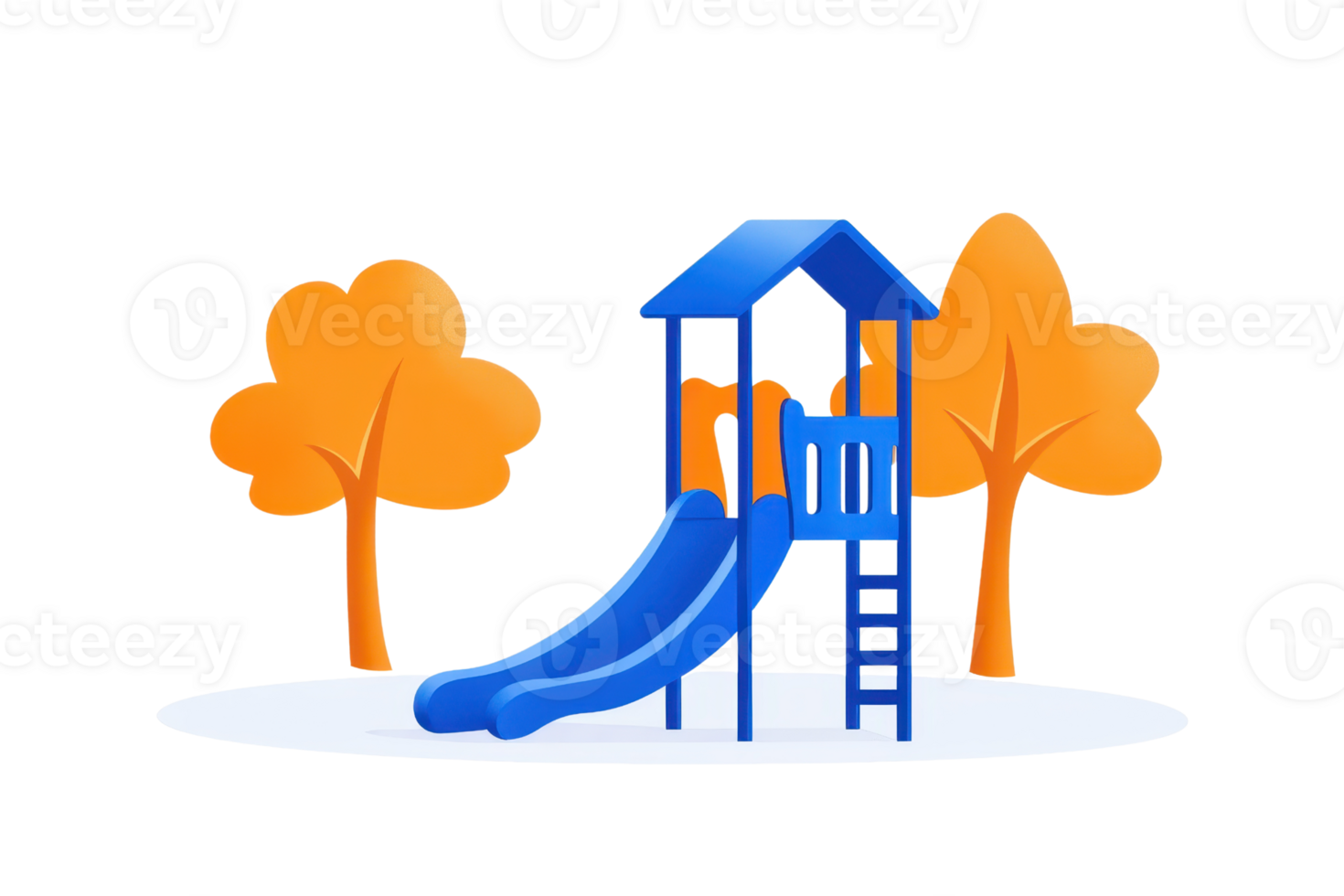 A colorful playground slide structure featuring a blue slide and playhouse design, accompanied by orange trees. png