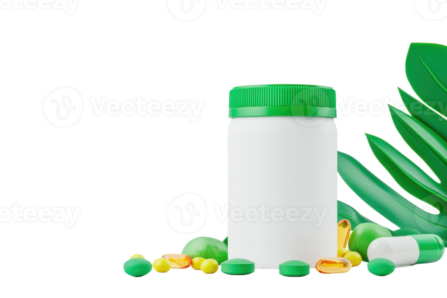 A white container with a green lid surrounded by assorted pills and leaves, emphasizing health and wellness. png