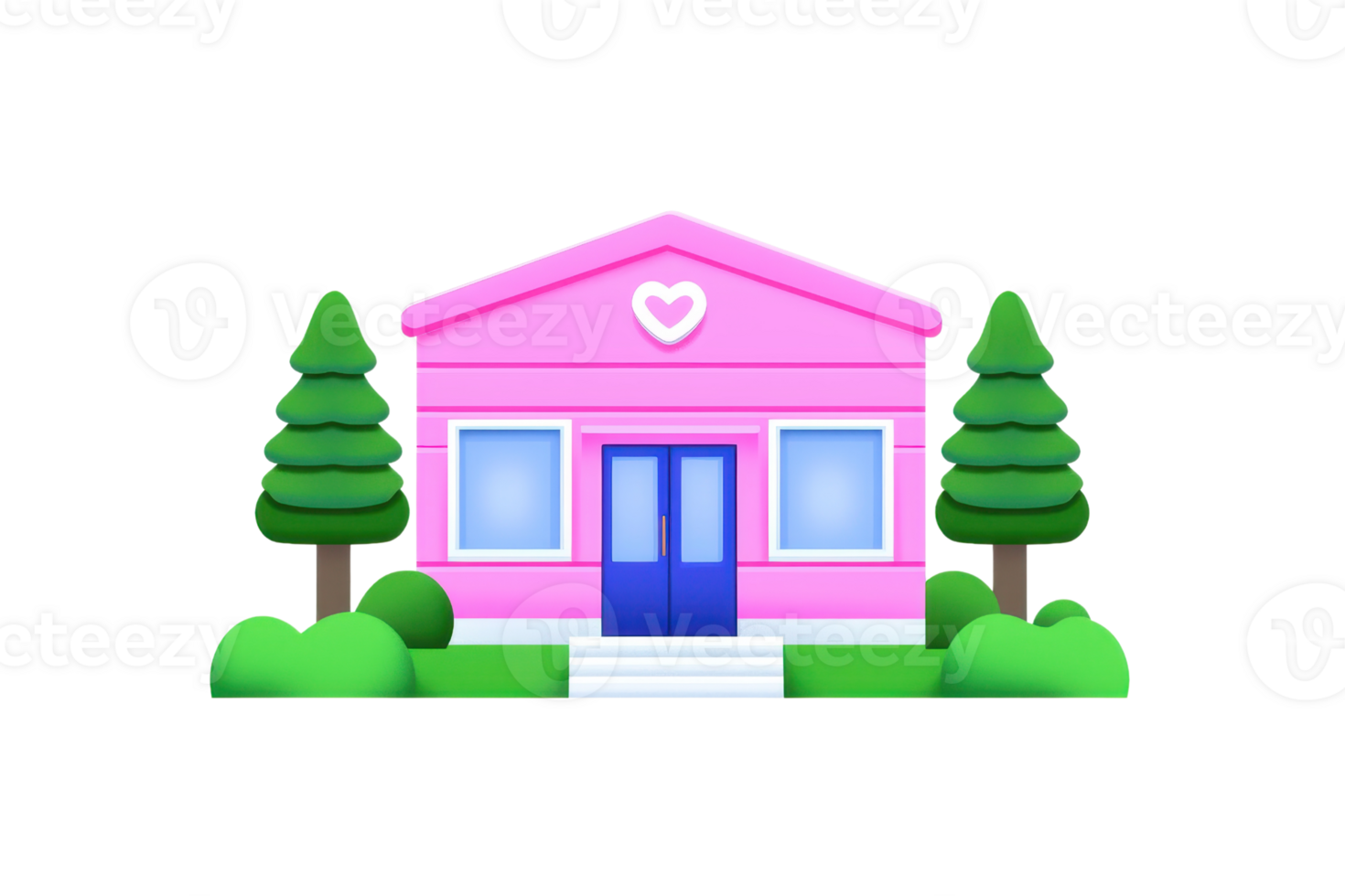 A charming pink house with a heart motif, flanked by green trees and bushes. png