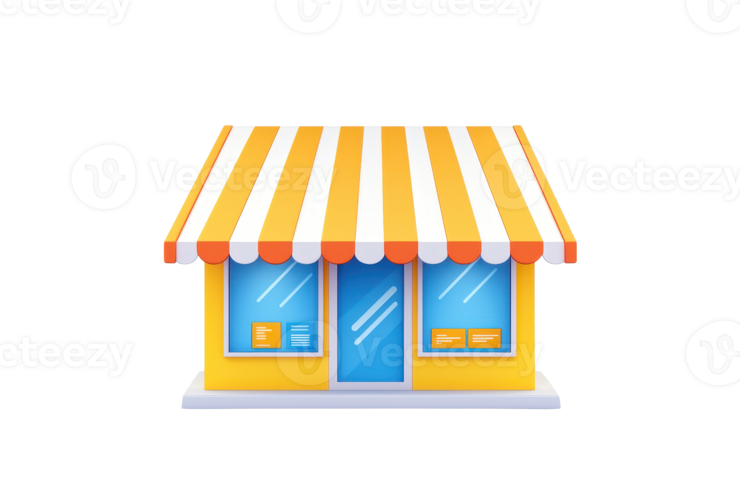 A colorful storefront featuring a yellow and white striped awning, large windows, and visible display items. png