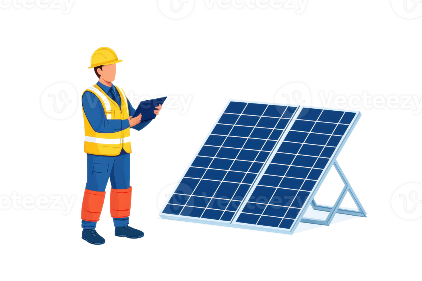 A worker in safety gear examines a solar panel installation while holding a device. png