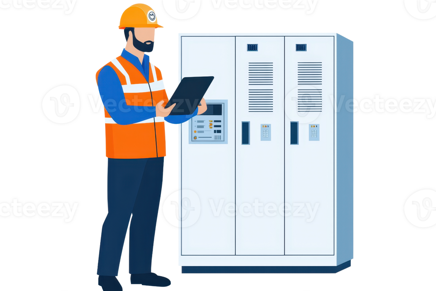 A construction worker in a safety vest and hard hat examines a tablet while standing next to a control panel. png