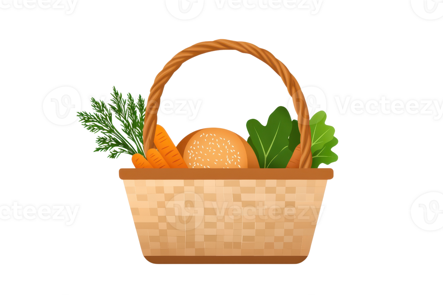 A woven basket filled with fresh vegetables including carrots and leafy greens. png