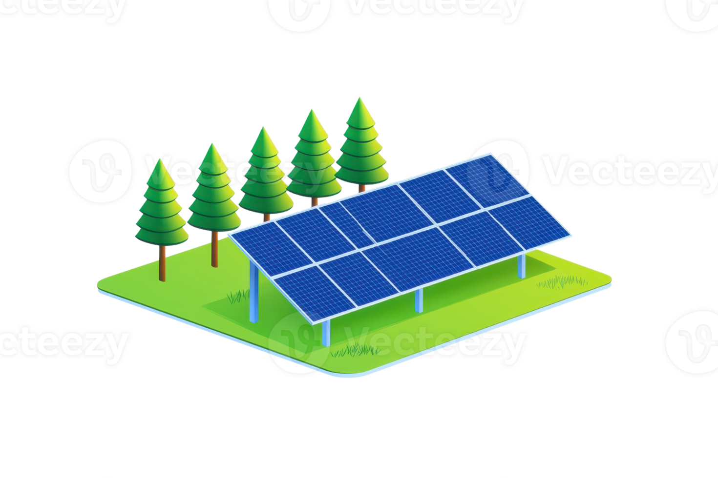 A solar panel array stands on green land, surrounded by coniferous trees, showcasing renewable energy technology. png