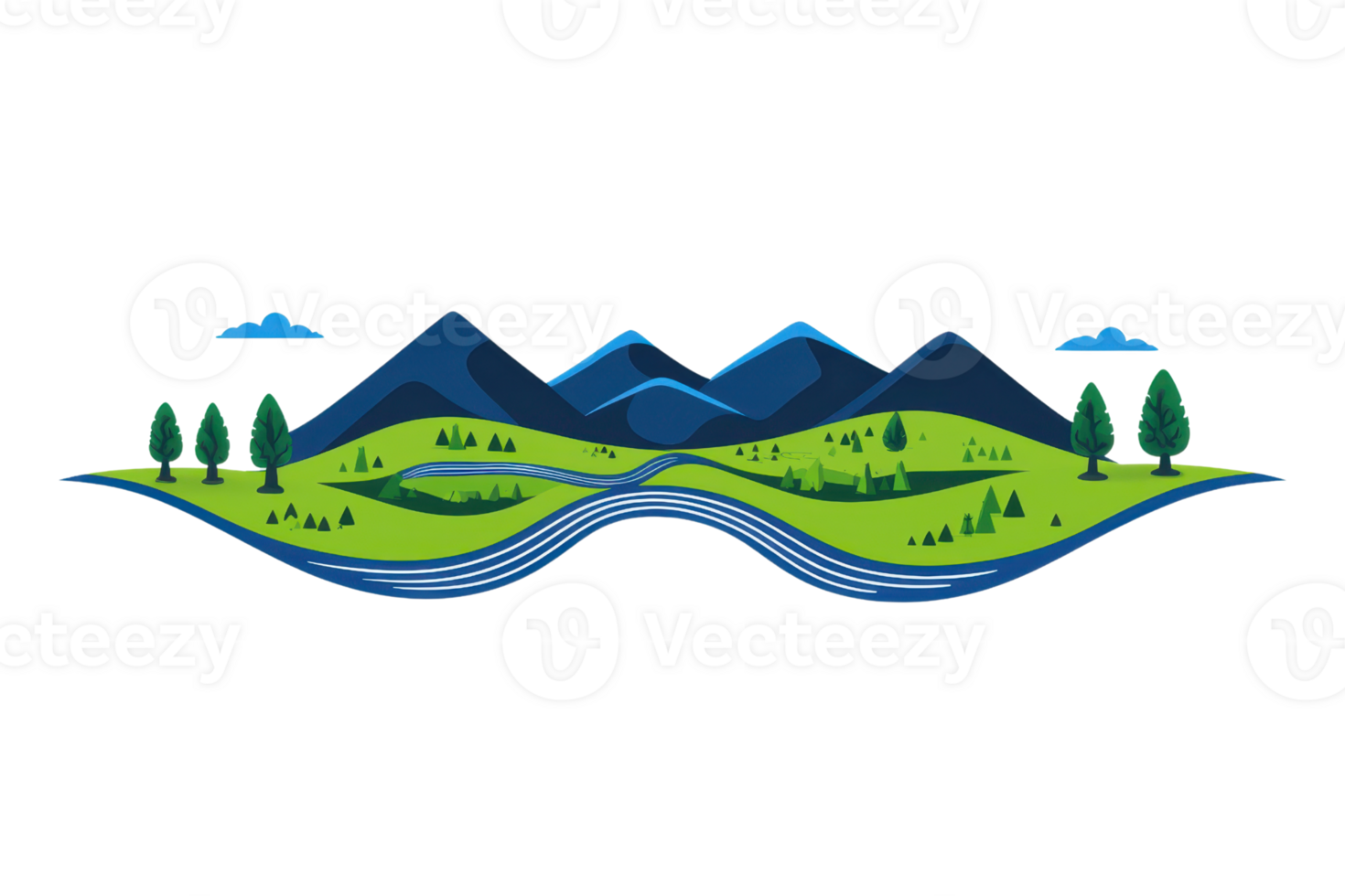 A vibrant, stylized landscape featuring rolling hills, mountains, a river, and trees under a clear sky. png