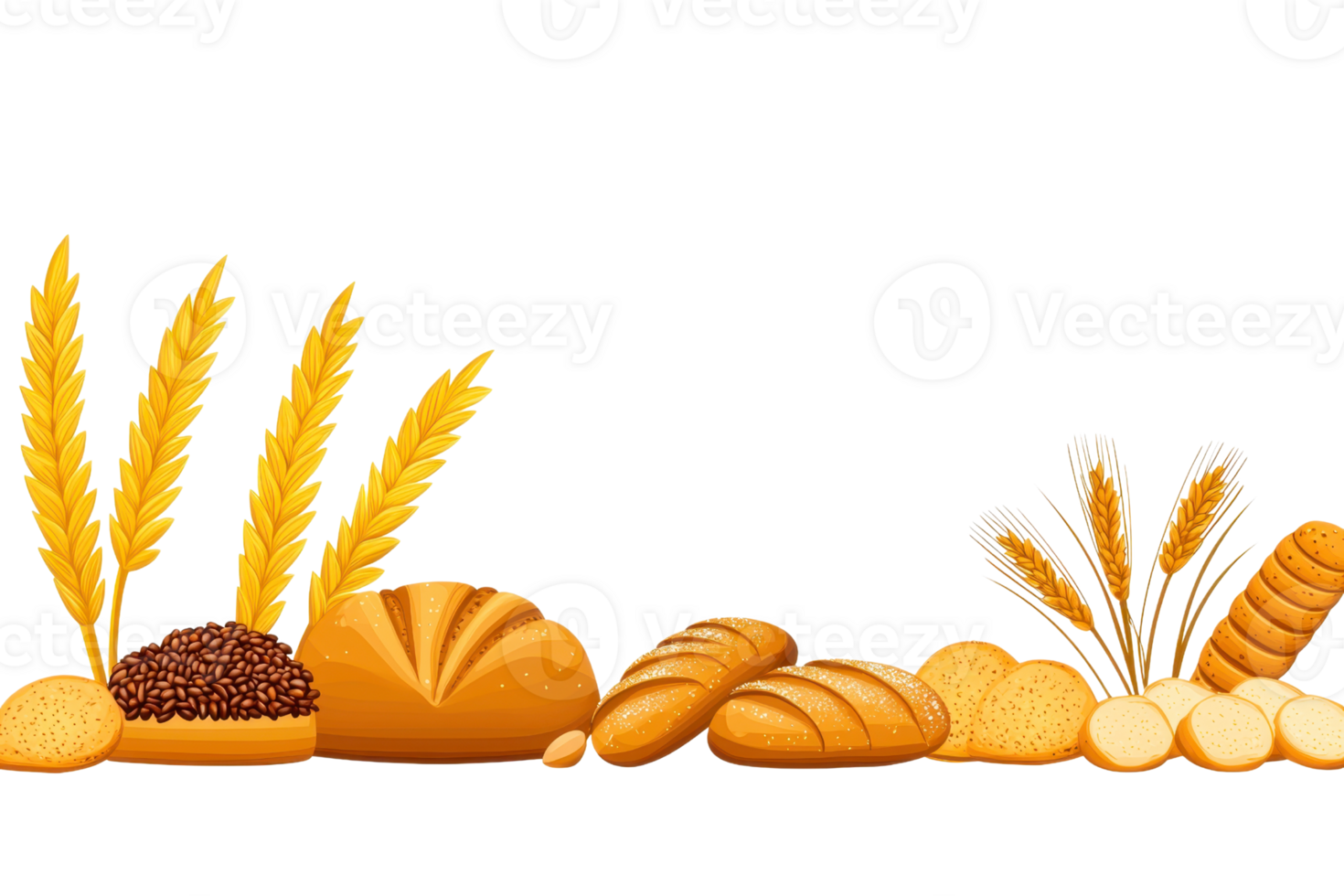 A collection of various types of bread and wheat stalks arranged artistically. png