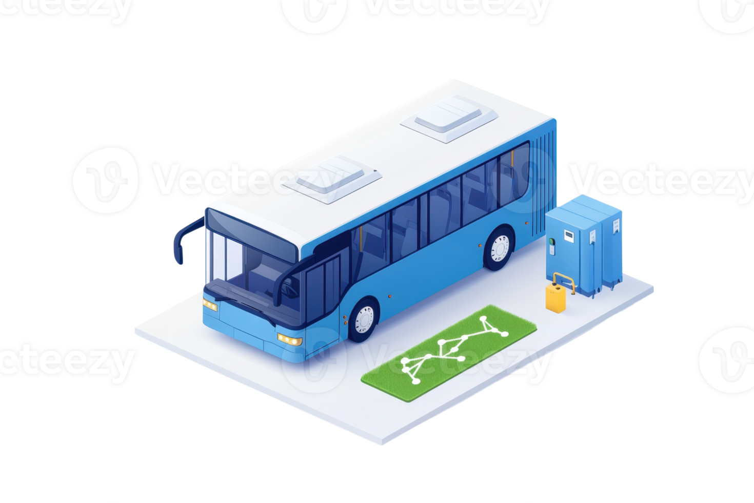 A blue city bus stands next to a service station, featuring a charging facility and a green area for bus stops or parking. png