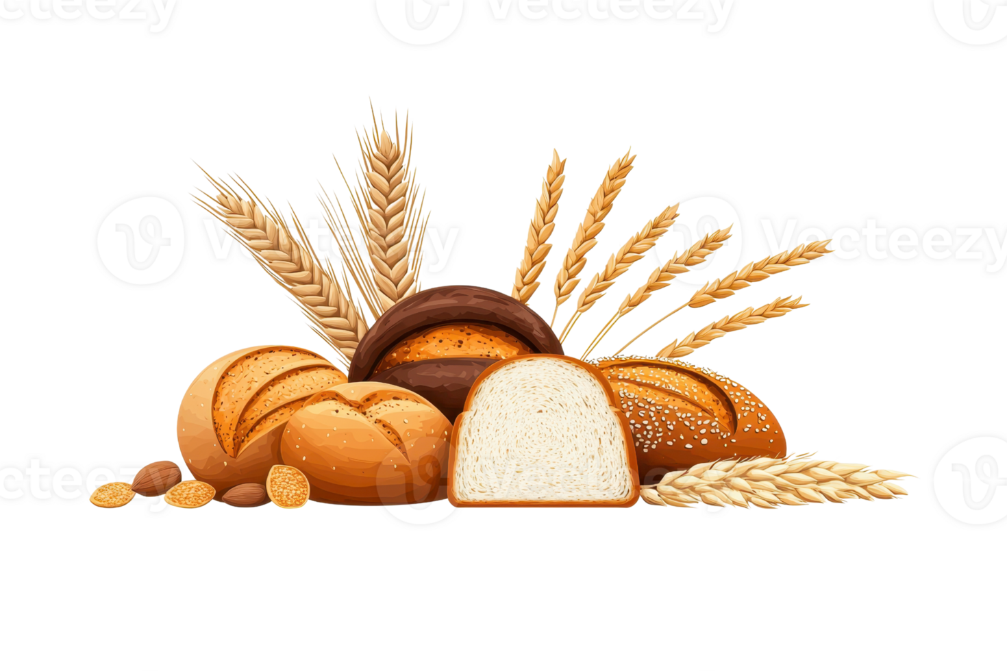 A variety of freshly baked breads, including rolls and loaves, adorned with wheat stalks, showcasing different textures and colors. png