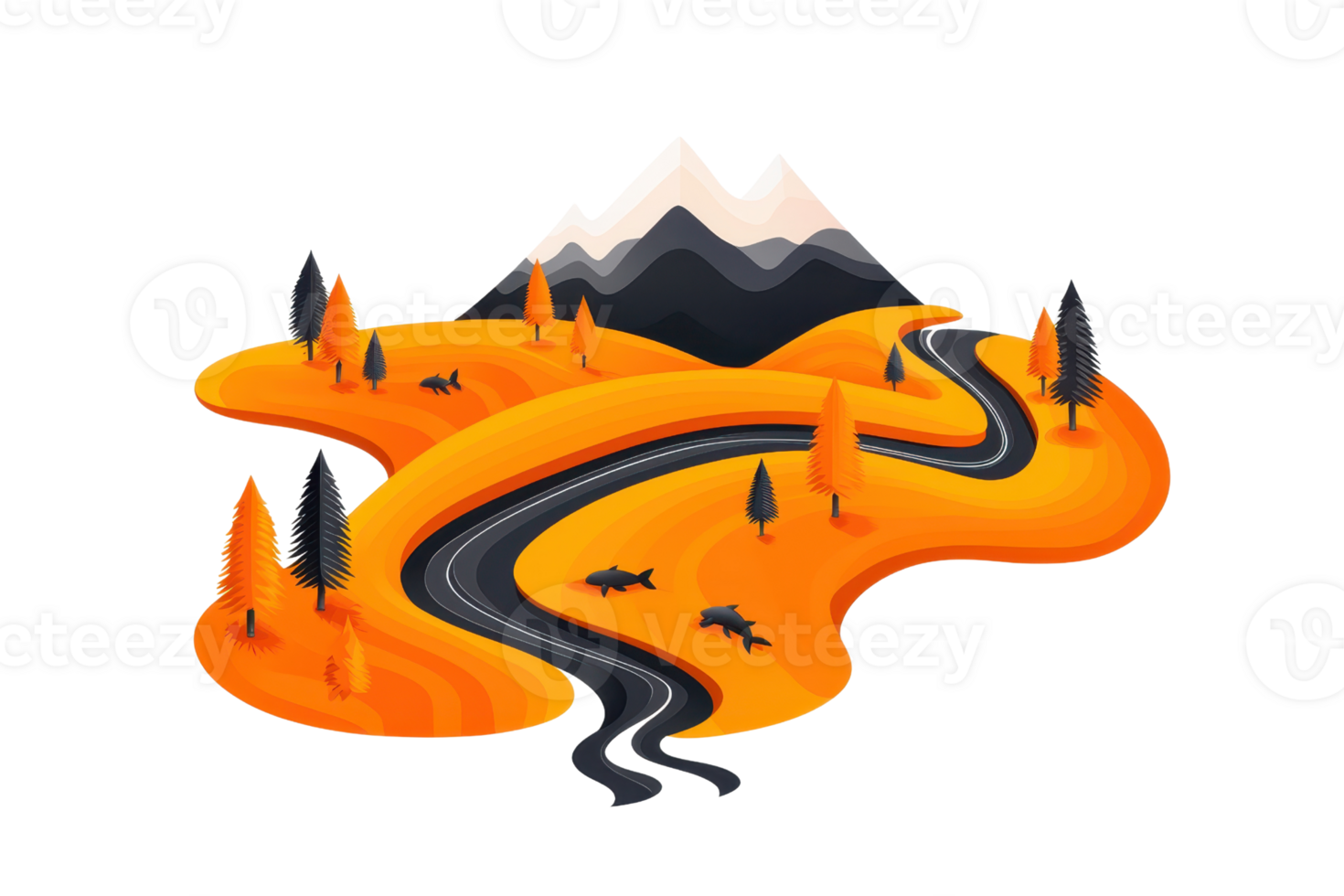 A vibrant landscape featuring rolling orange hills, a winding road, and snow-capped mountains. png