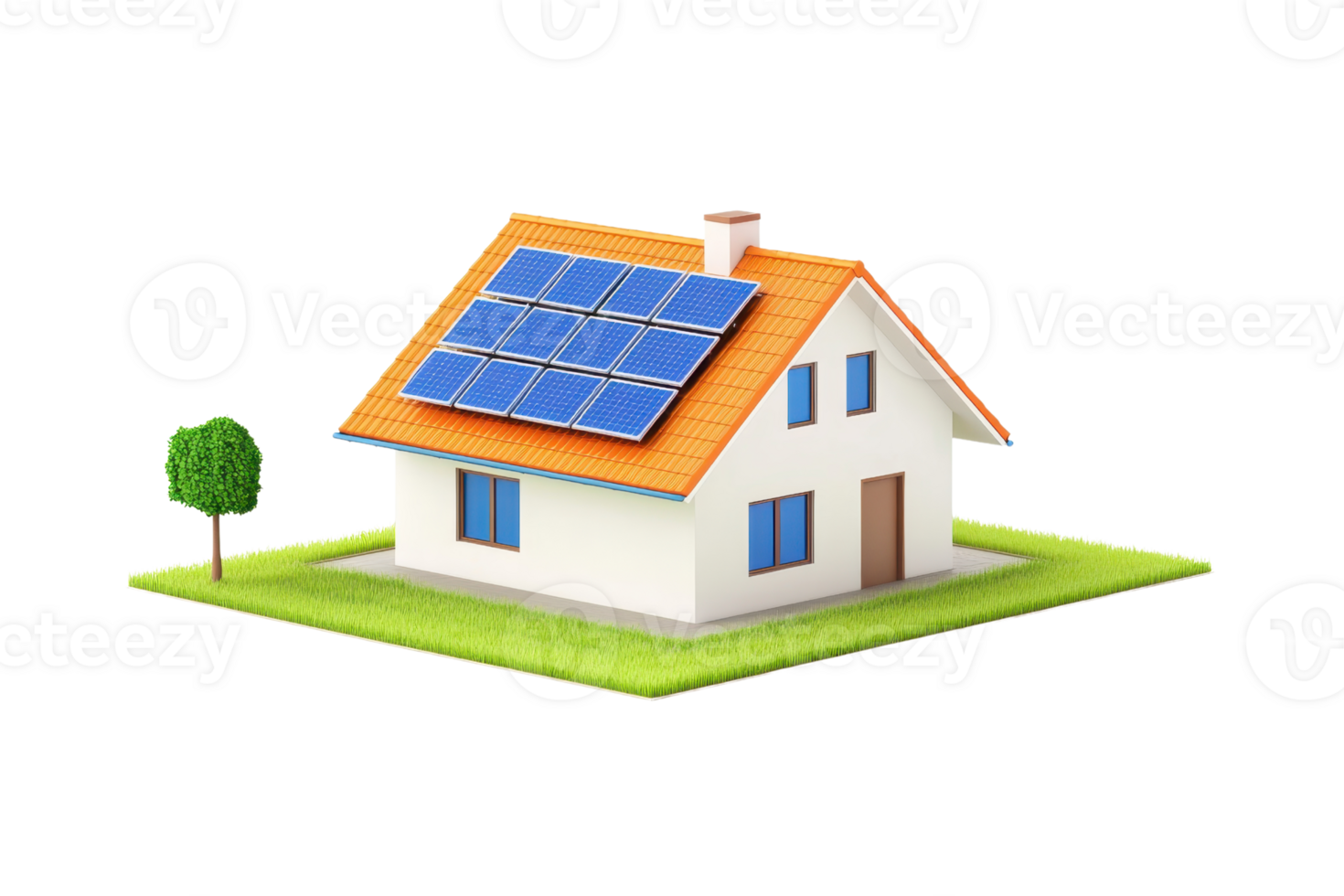A modern house with a sloped roof, featuring solar panels and surrounded by a small grassy area and a tree. png