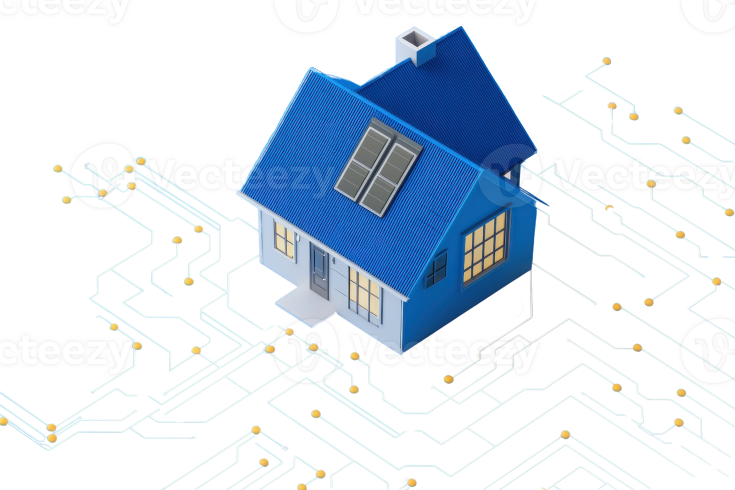 A modern house with a blue roof and solar panels, surrounded by a network of digital circuits. png