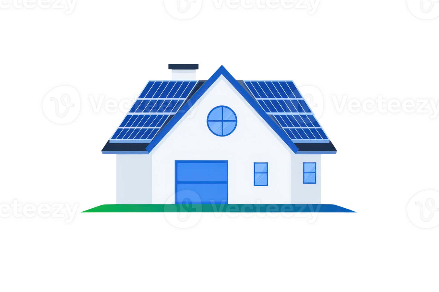 A modern house featuring solar panels on the roof with a circular window and a blue garage door. png
