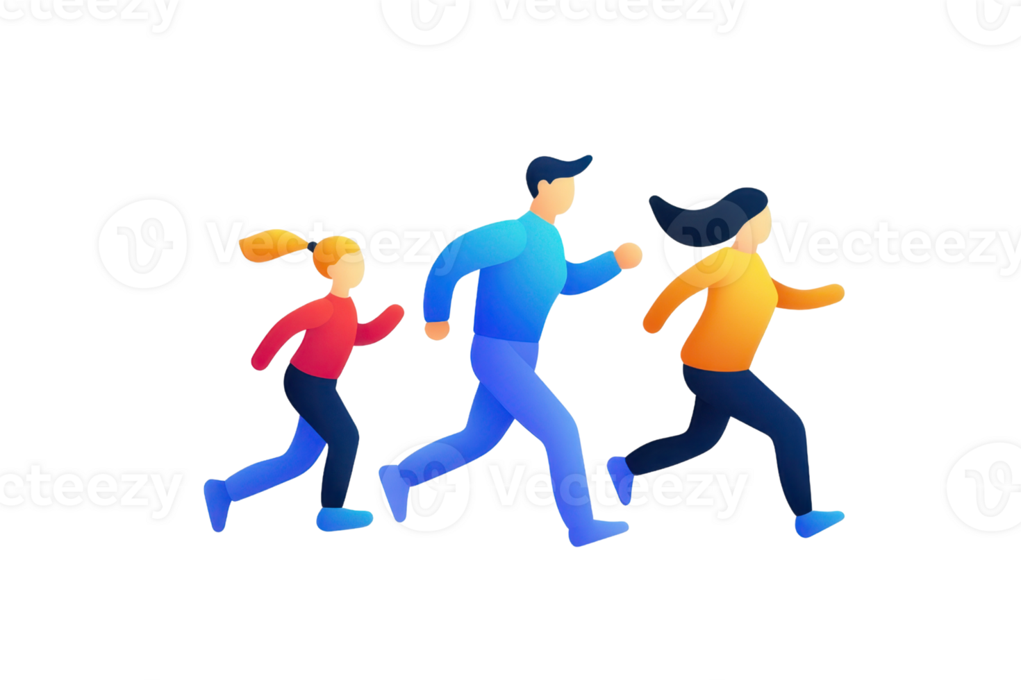 Three stylized figures running in vibrant colors, representing movement and energy. png