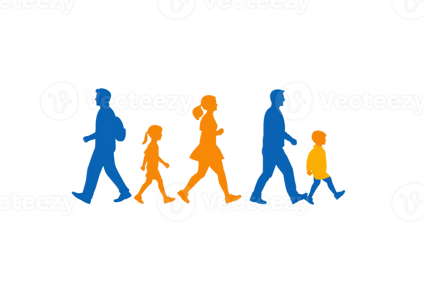 A stylized silhouette of a family walking, featuring varying heights and colors, representing different ages and relationships. png