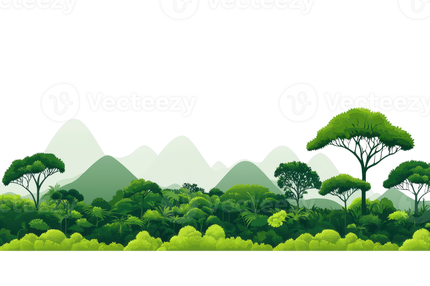 Lush green vegetation and stylized mountains create a serene landscape, showcasing various shades of green in a harmonious design. png