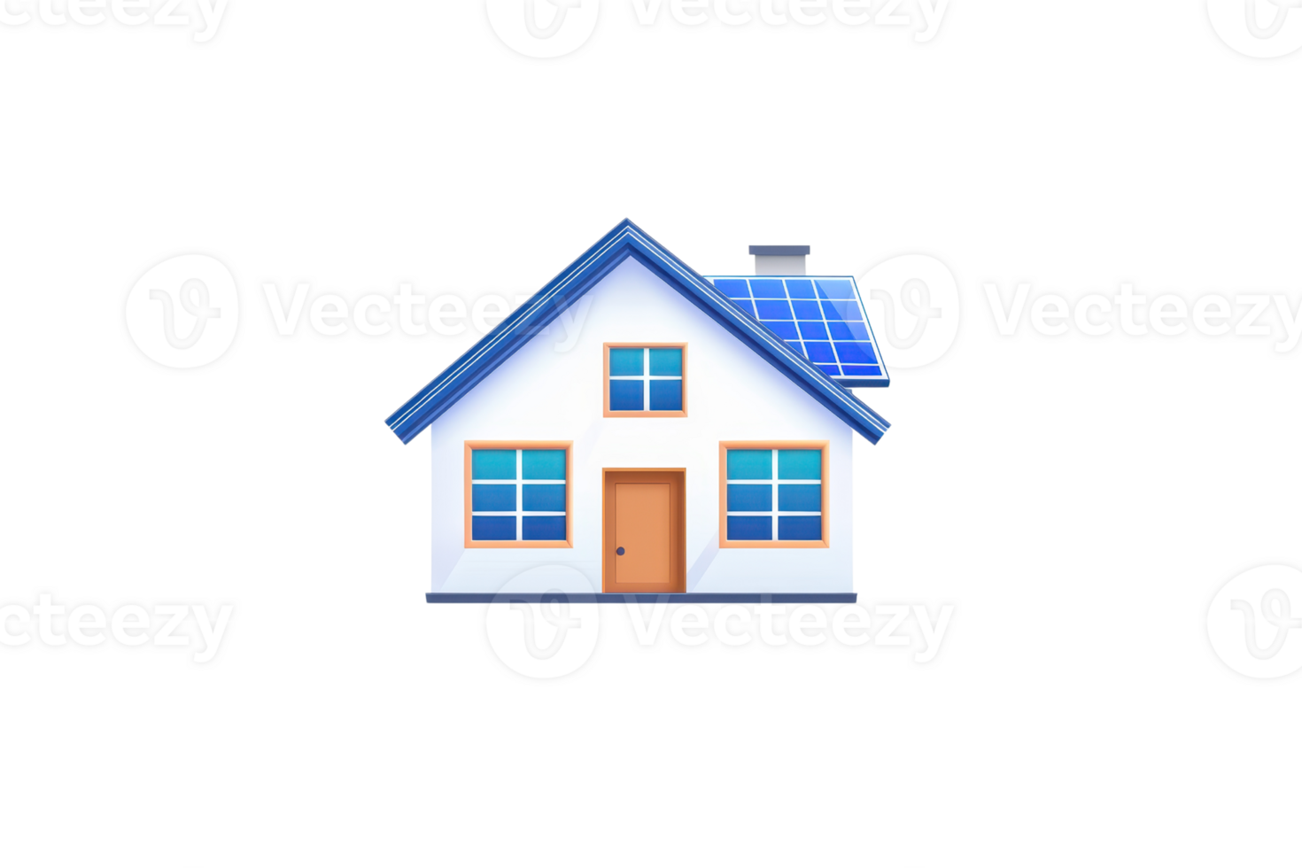 A stylized house with a blue roof and solar panels, featuring a brown door and multiple windows. png
