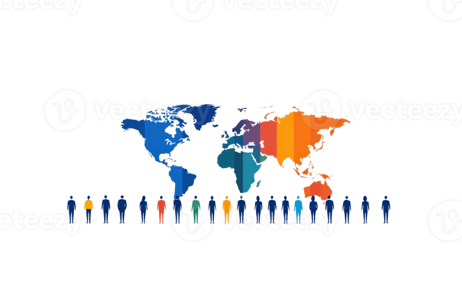 A colorful world map with figures representing people standing below it, symbolizing diversity and global presence. png