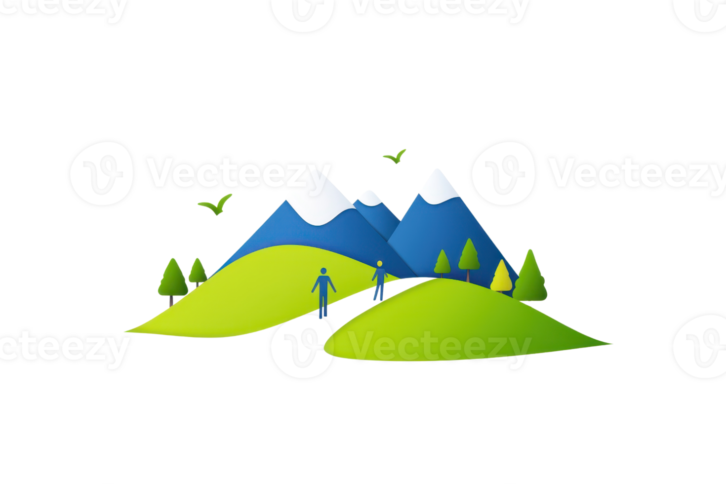 A stylized landscape featuring two hikers traversing green hills and mountains adorned with snow-capped peaks and birds in flight. png