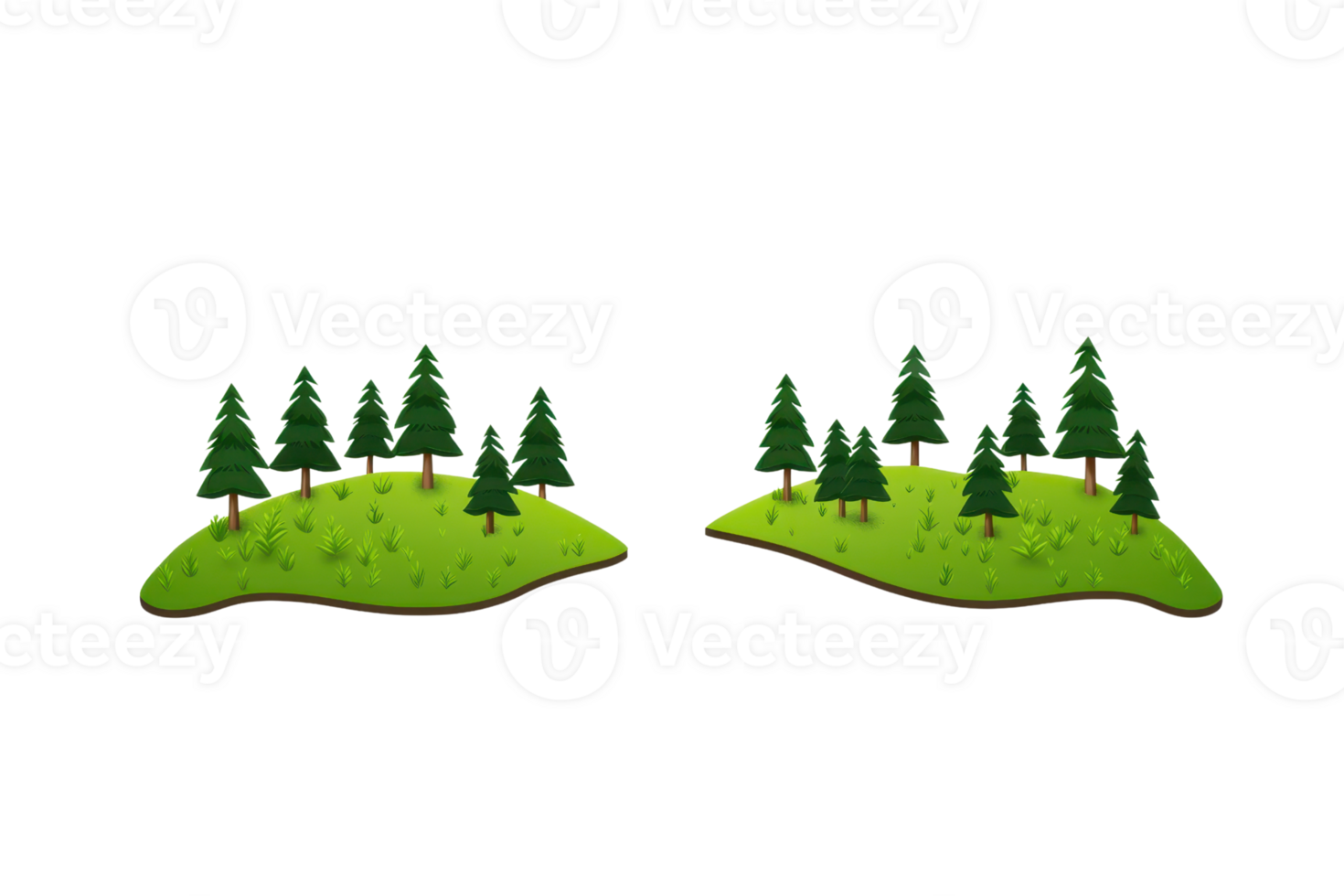 Two lush green hills are adorned with various pine trees, creating a serene and vibrant natural scene. png