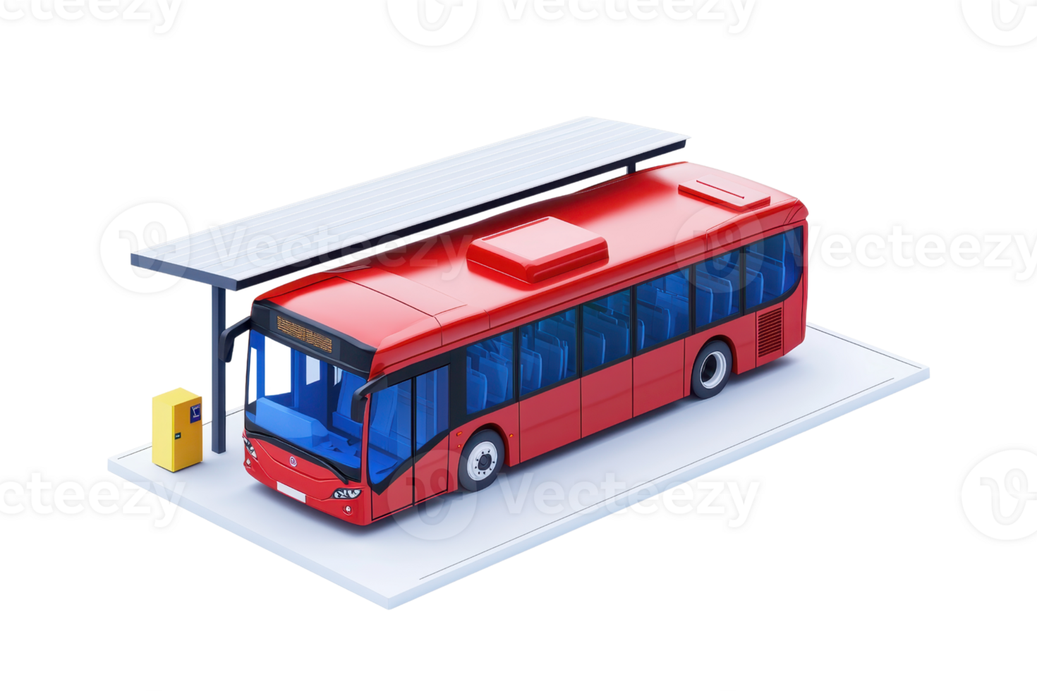 A vibrant red city bus parked at a bus stop, ready for passengers, featuring a detailed design and a shelter overhead. png