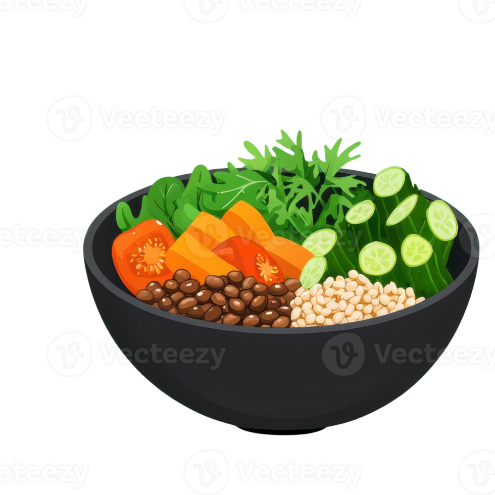 A colorful bowl filled with fresh vegetables, including lettuce, carrots, cucumbers, and beans, emphasizing a healthy and vibrant meal. png