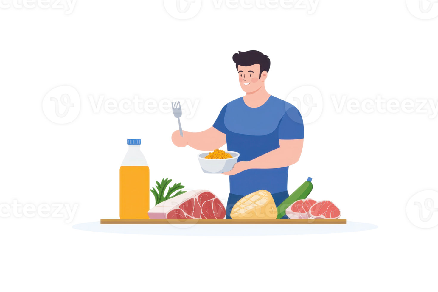 A man is preparing a meal, holding a fork, with various fresh ingredients displayed around him, including meat, vegetables, and a drink. png