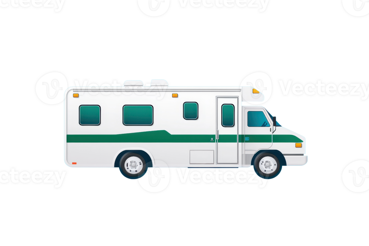 A white and green recreational vehicle with multiple windows and a roof-mounted air conditioning unit. png