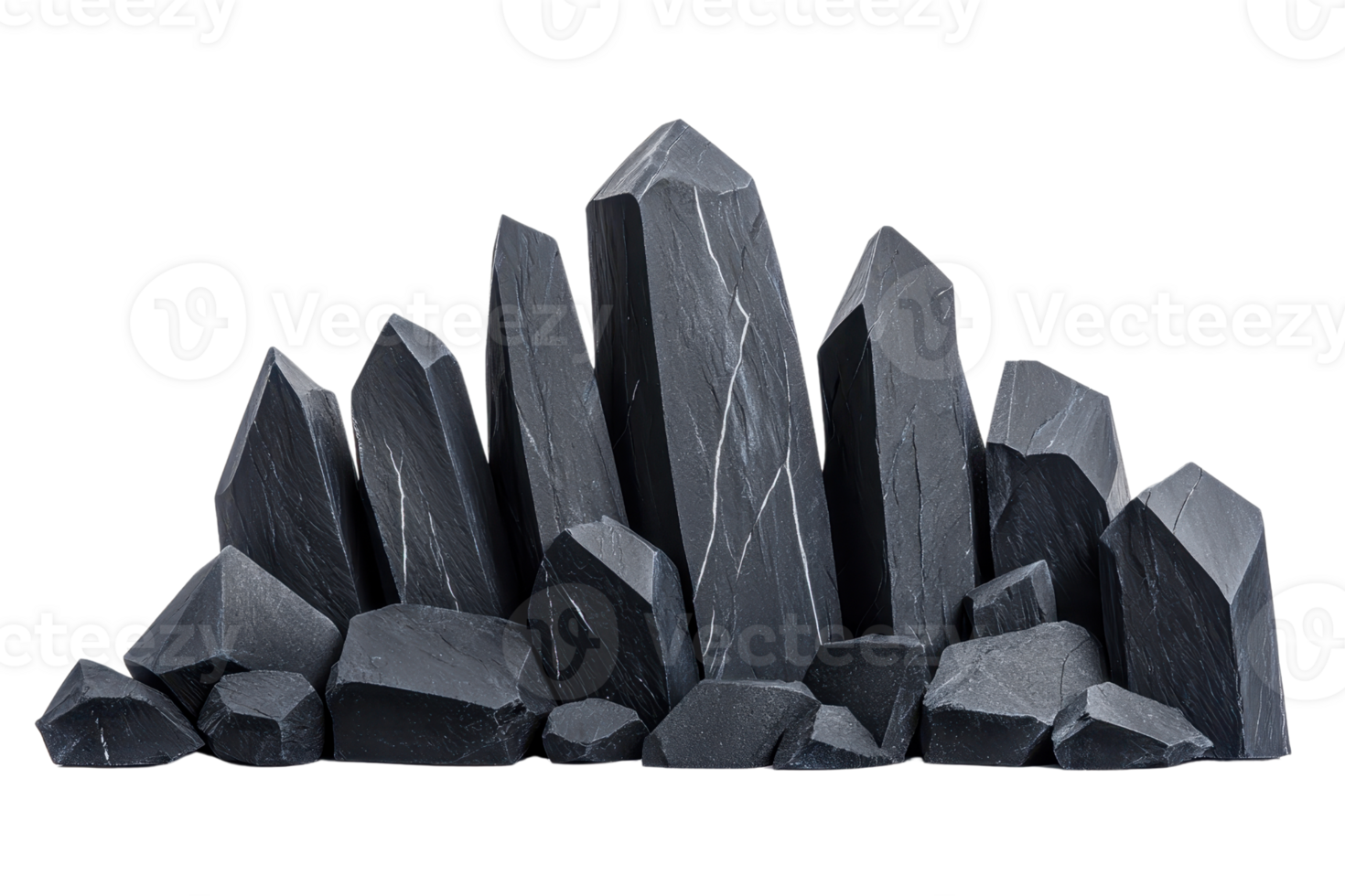 A collection of jagged black crystals with varying heights and shapes, showcasing sharp edges and distinct textures. png