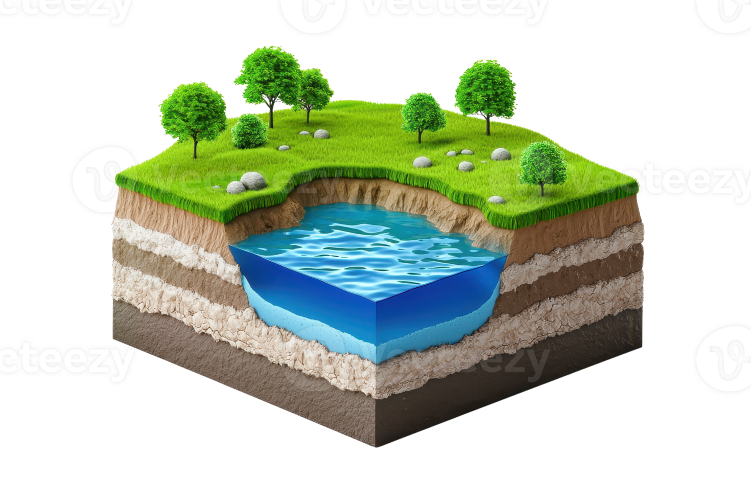 A cross-section illustration showing lush grass, trees, and a body of water surrounded by different soil layers. png