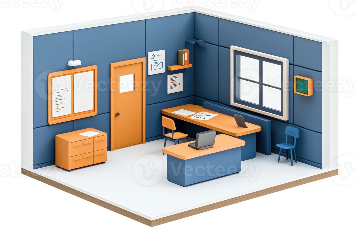 A modern office space featuring a desk, chair, storage unit, and wall decorations in a blue and orange color scheme. png