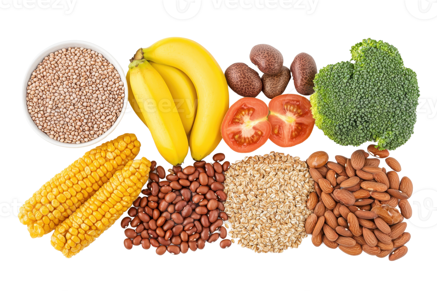 A variety of fresh produce including bananas, broccoli, corn, beans, and tomatoes arranged neatly in a colorful display. png