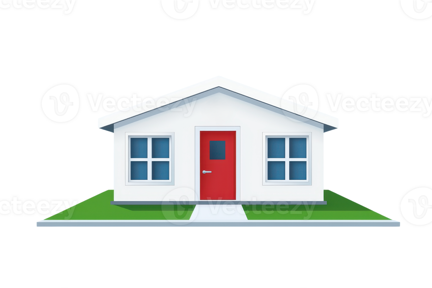 A simple, modern house with a red door, two windows, and a small green lawn in front. png