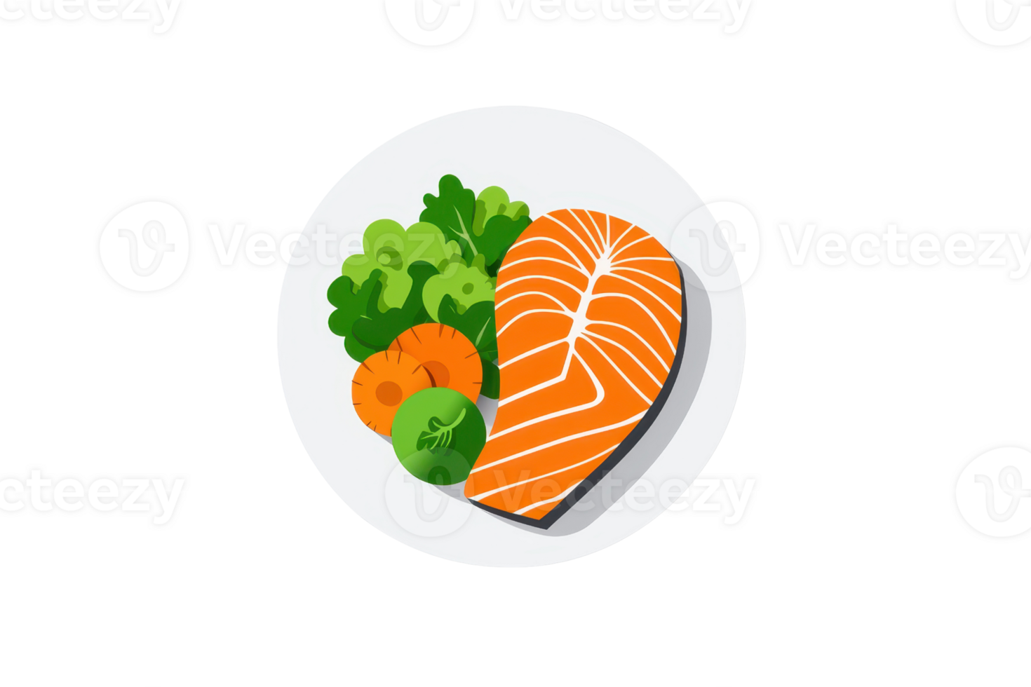 A vibrant plate featuring a salmon fillet alongside fresh vegetables, including carrots and greens, showcasing a healthy meal choice. png