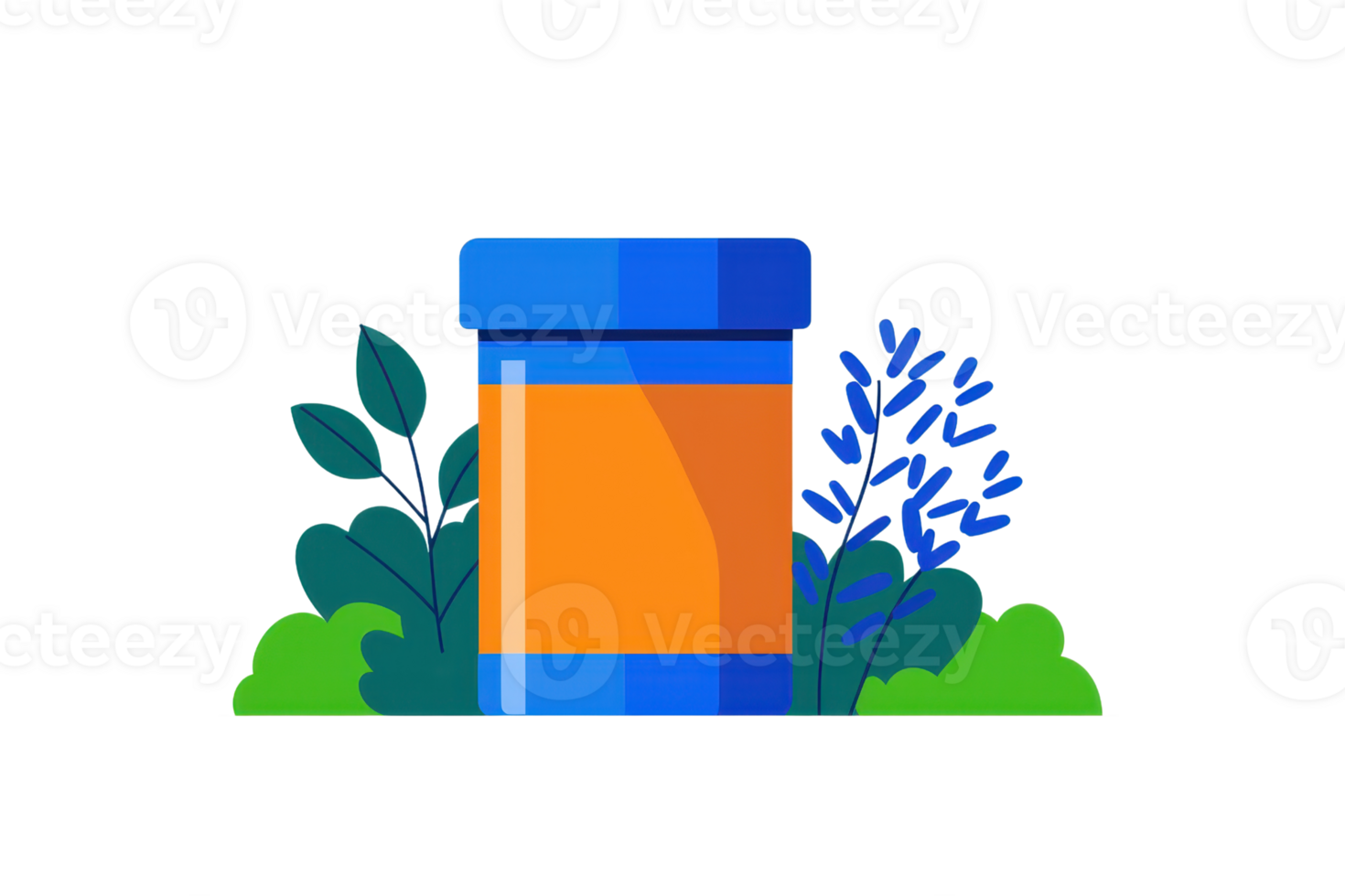 A colorful jar with a blue lid and orange body, surrounded by stylized foliage, emphasizing a blend of nature and modern design. png