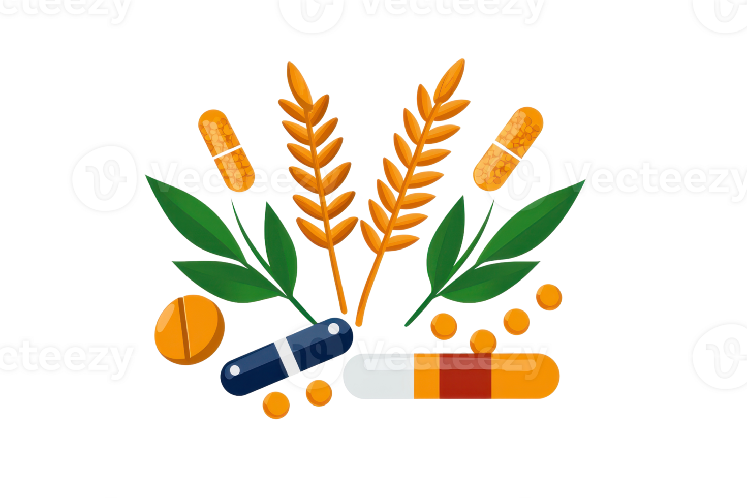 A collection of various capsules, tablets, and wheat stalks arranged with leafy elements. png