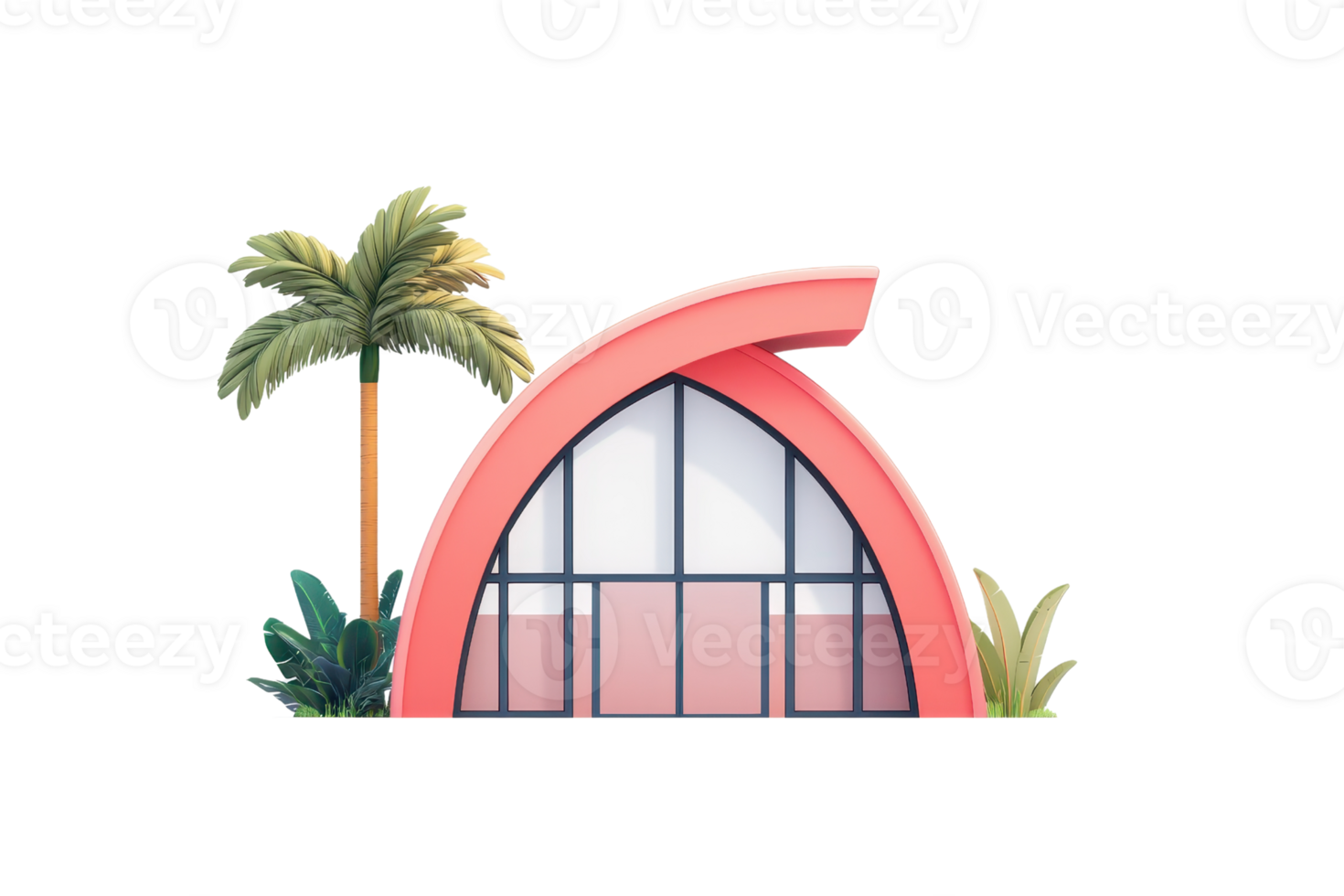 A modern, curved building featuring large windows, complemented by lush greenery and palm trees. png
