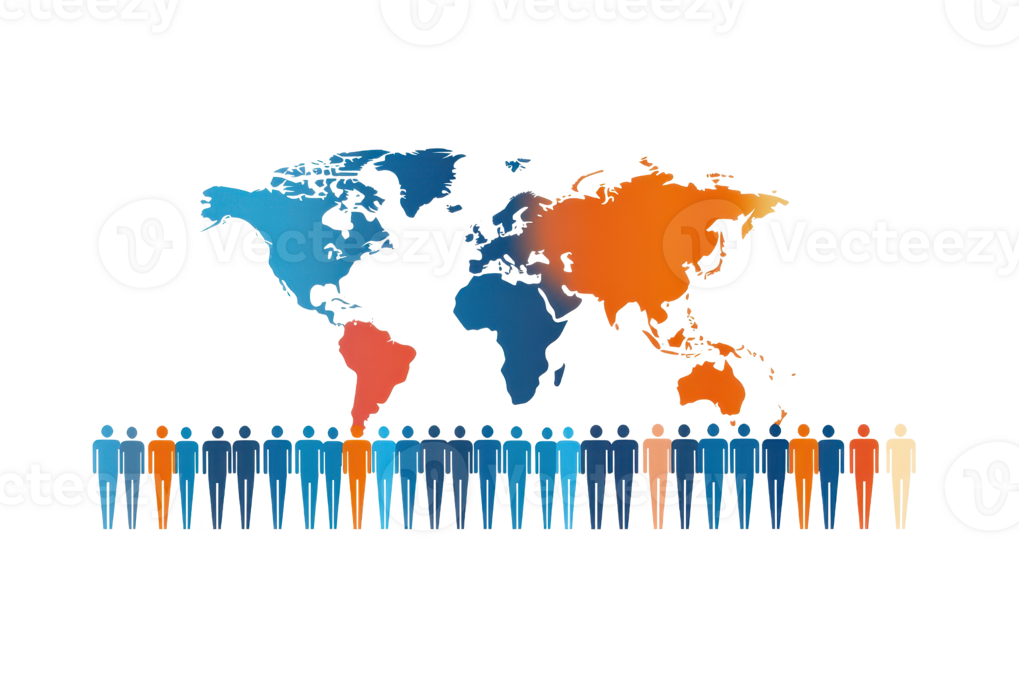 A graphic representation of diverse human figures arranged below a world map, showcasing different colors symbolizing global demographics. png