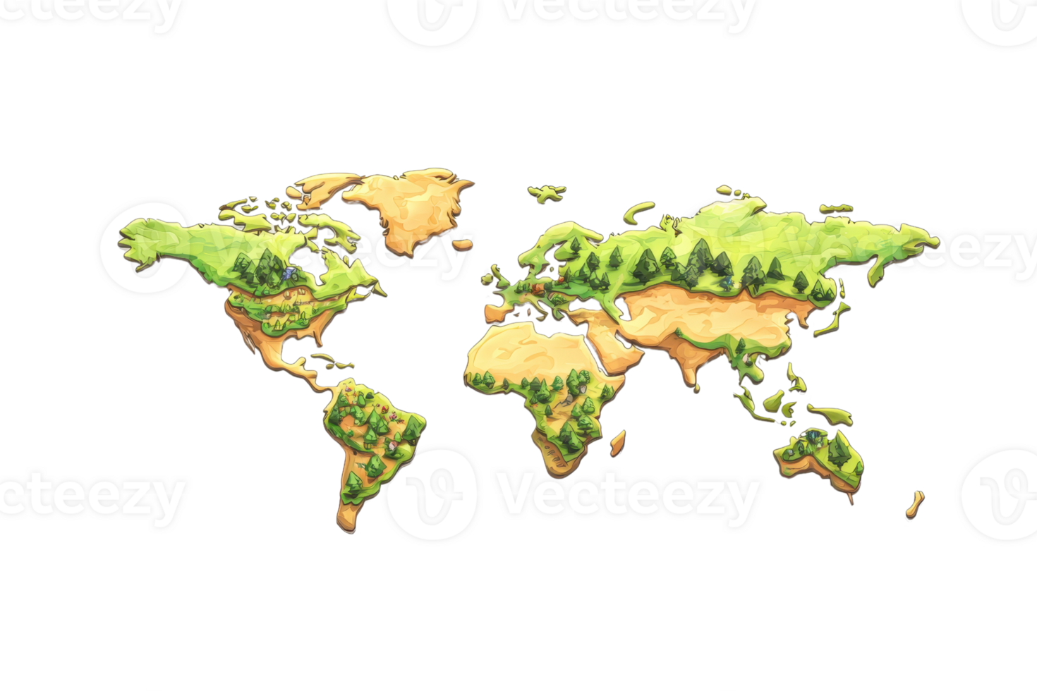 A colorful, stylized world map highlighting continents, forests, and diverse landscapes in vibrant green and earthy tones. png